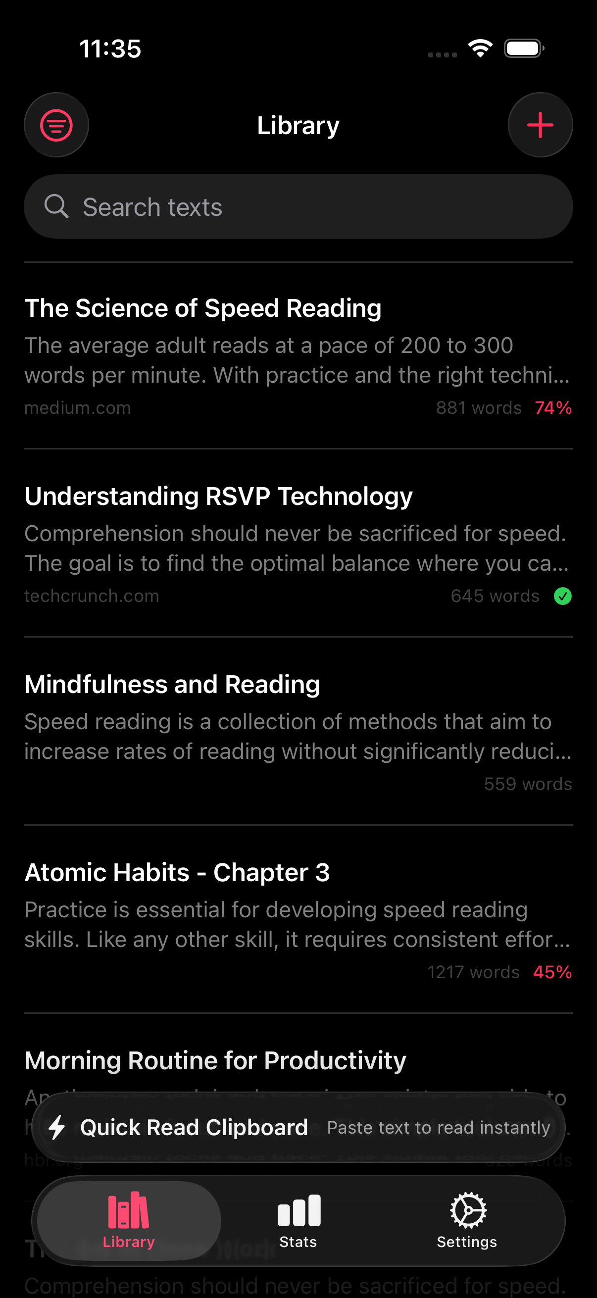 private reading app for iPhone screenshot showing RSVP Reader library, saved reading sessions, and optional iCloud sync friendly workflow