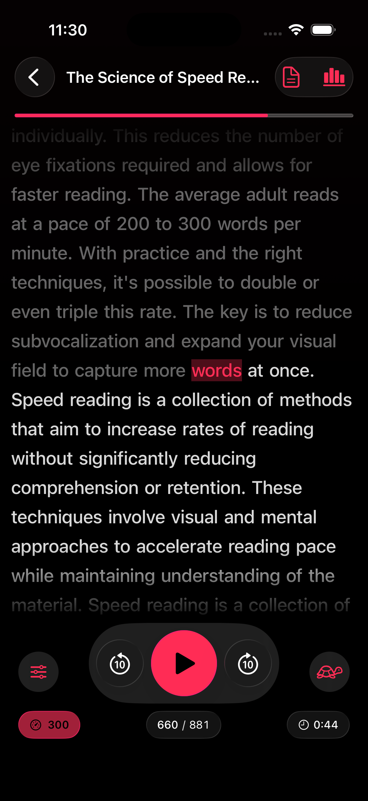read faster without losing comprehension screenshot showing RSVP Reader paced reading flow, clear visual emphasis, and comprehension-friendly settings